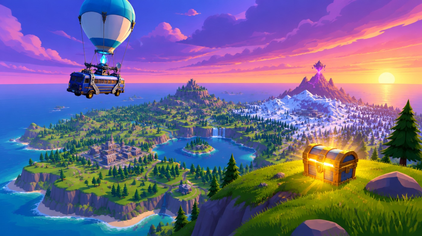 A stylized Fortnite-style island at sunset, with the battle bus under a balloon and a glowing loot chest on a hill